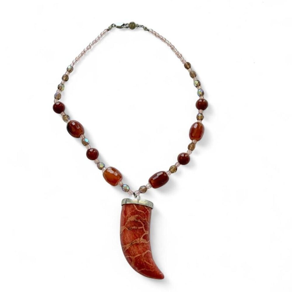 Beaded Crystal Statement Necklace Horn Tusk Red Coral Pendant Vintage - Picture 6 of 7